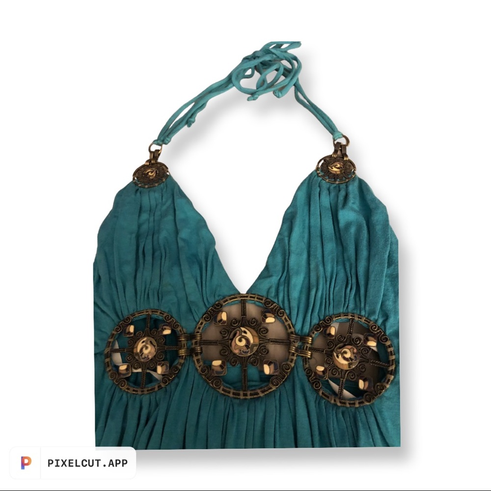 SKY TEAL HALTER TOP w/ metal hardware. Size Small, Worn once, great condition.